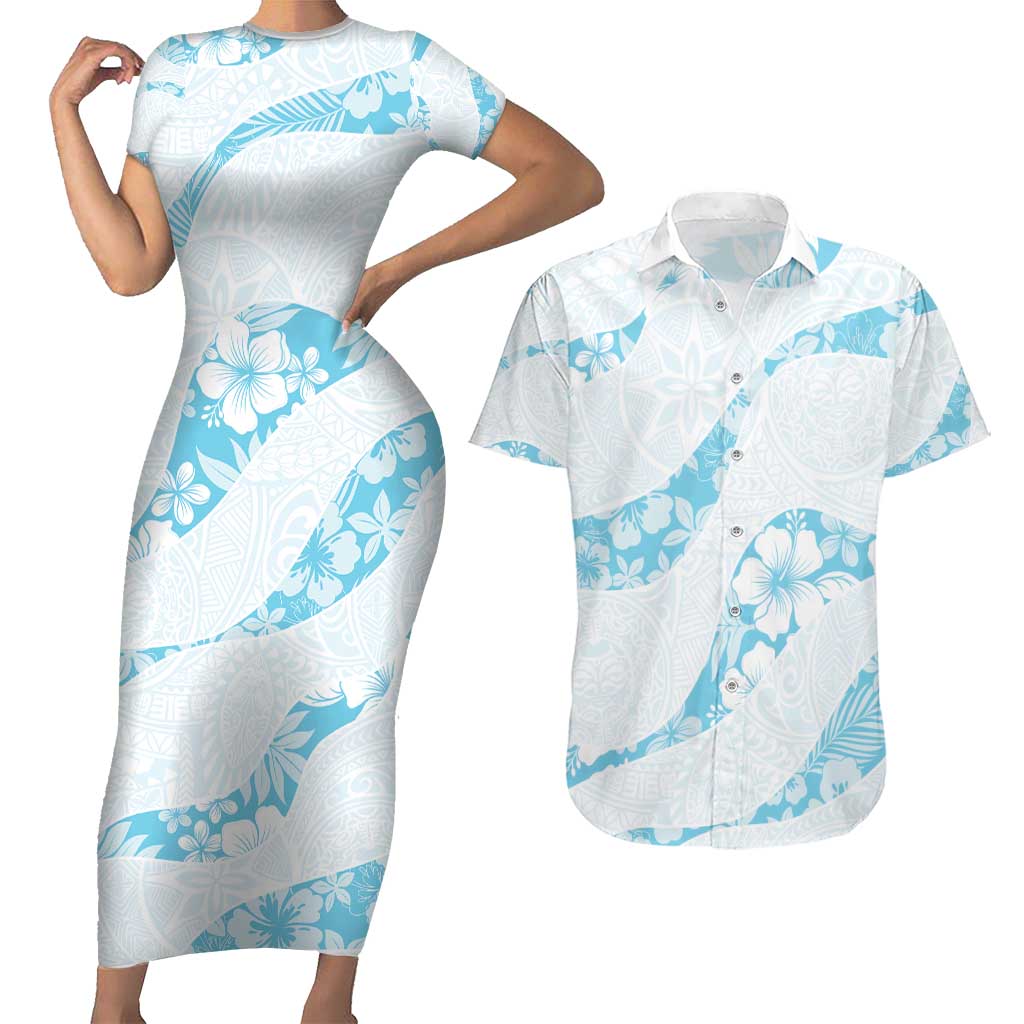 Aloha Hawaii Floral Tapa Couples Matching Short Sleeve Bodycon Dress and Hawaiian Shirt Patchwork Turquoise - Polynesian Pride