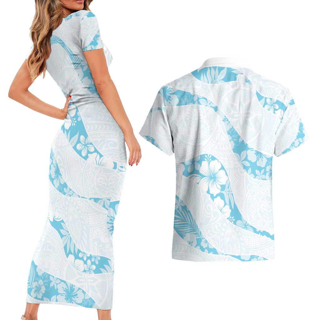 Aloha Hawaii Floral Tapa Couples Matching Short Sleeve Bodycon Dress and Hawaiian Shirt Patchwork Turquoise - Polynesian Pride