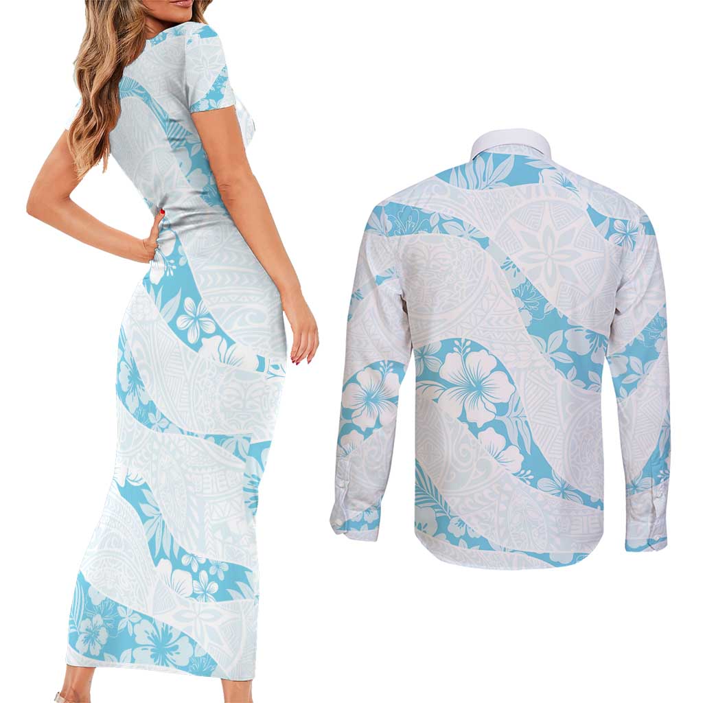 Aloha Hawaii Floral Tapa Couples Matching Short Sleeve Bodycon Dress and Long Sleeve Button Shirt Patchwork Turquoise LT7 - Polynesian Pride