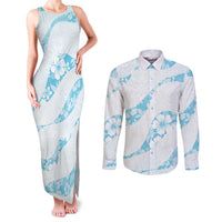 Aloha Hawaii Floral Tapa Couples Matching Tank Maxi Dress and Long Sleeve Button Shirt Patchwork Turquoise LT7 Turquoise - Polynesian Pride