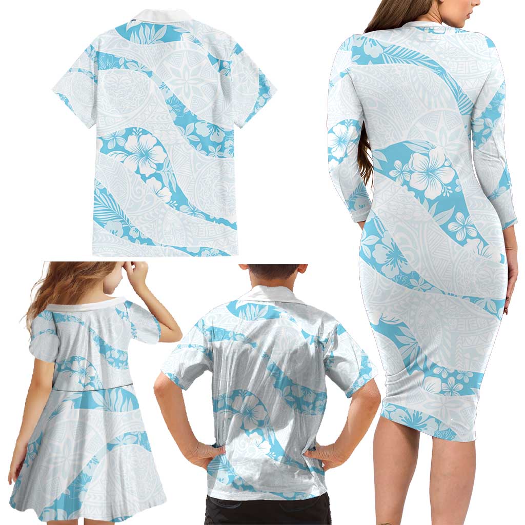 Aloha Hawaii Floral Tapa Family Matching Long Sleeve Bodycon Dress and Hawaiian Shirt Patchwork Turquoise LT7 - Polynesian Pride