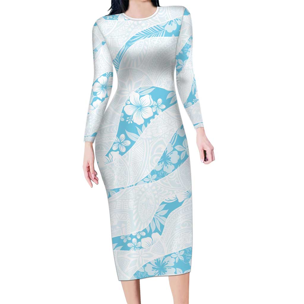 Aloha Hawaii Floral Tapa Family Matching Long Sleeve Bodycon Dress and Hawaiian Shirt Patchwork Turquoise LT7 Mom's Dress Turquoise - Polynesian Pride