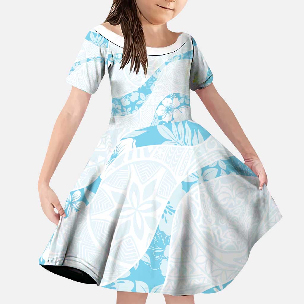 Aloha Hawaii Floral Tapa Family Matching Short Sleeve Bodycon Dress and Hawaiian Shirt Patchwork Turquoise LT7 Daughter's Dress Turquoise - Polynesian Pride