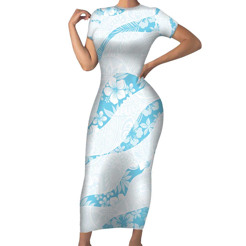 Aloha Hawaii Floral Tapa Family Matching Short Sleeve Bodycon Dress and Hawaiian Shirt Patchwork Turquoise LT7 Mom's Dress Turquoise - Polynesian Pride