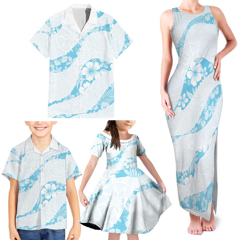 Aloha Hawaii Floral Tapa Family Matching Tank Maxi Dress and Hawaiian Shirt Patchwork Turquoise - Polynesian Pride
