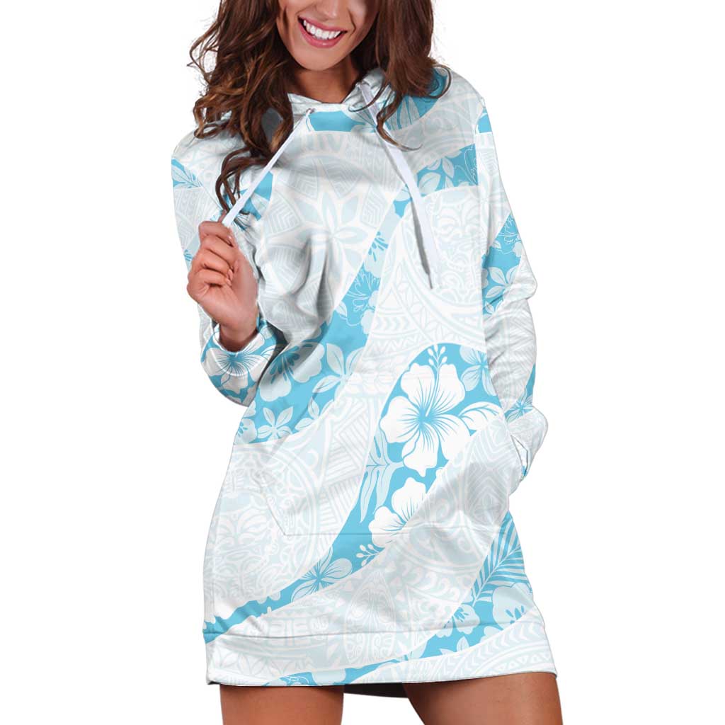 Aloha Hawaii Floral Tapa Hoodie Dress Patchwork Turquoise - Polynesian Pride