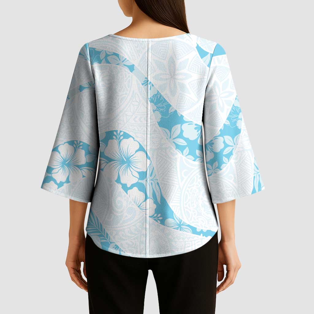 Aloha Hawaii Floral Tapa Kimono Sleeve Blouse Patchwork Turquoise - Polynesian Pride