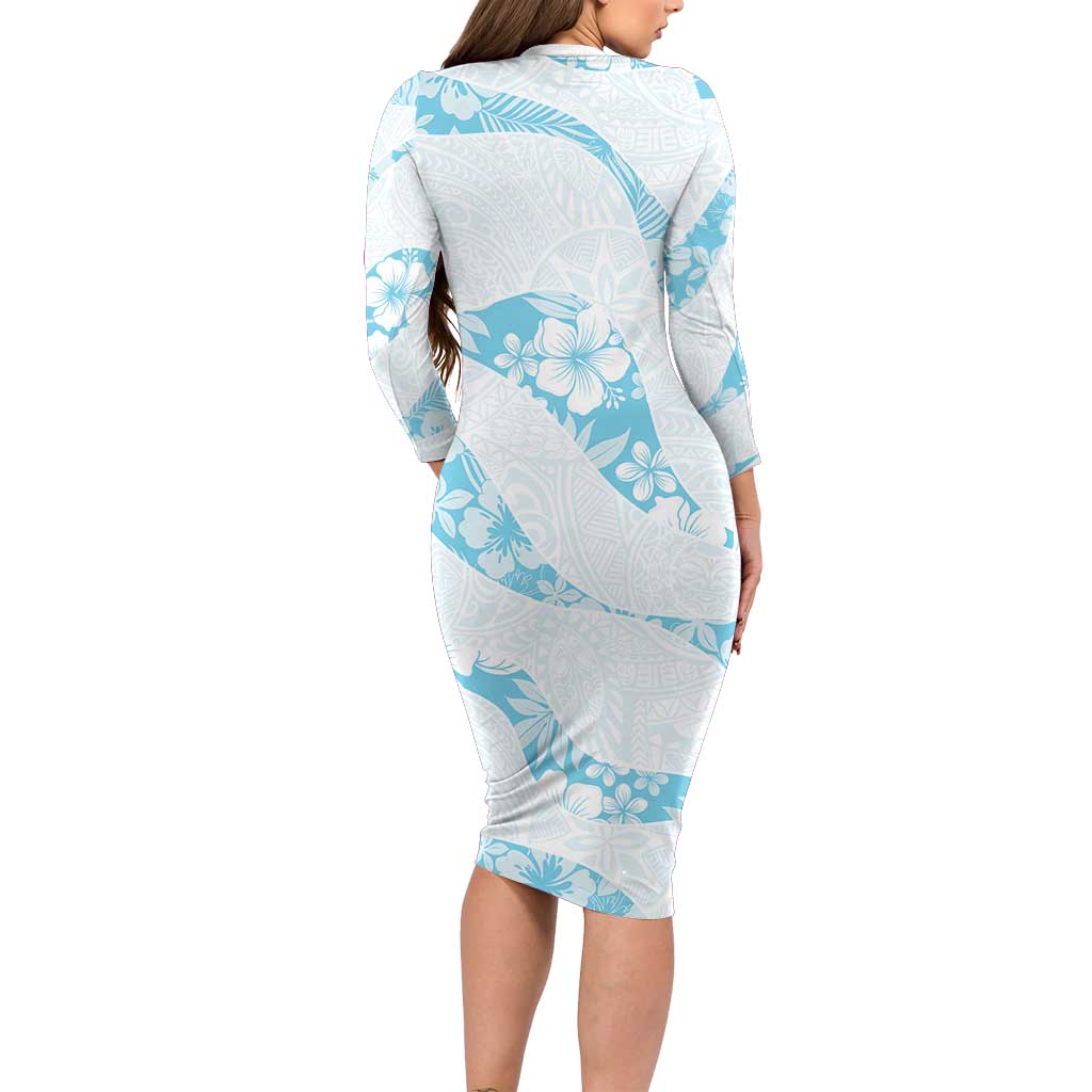 Aloha Hawaii Floral Tapa Long Sleeve Bodycon Dress Patchwork Turquoise - Polynesian Pride