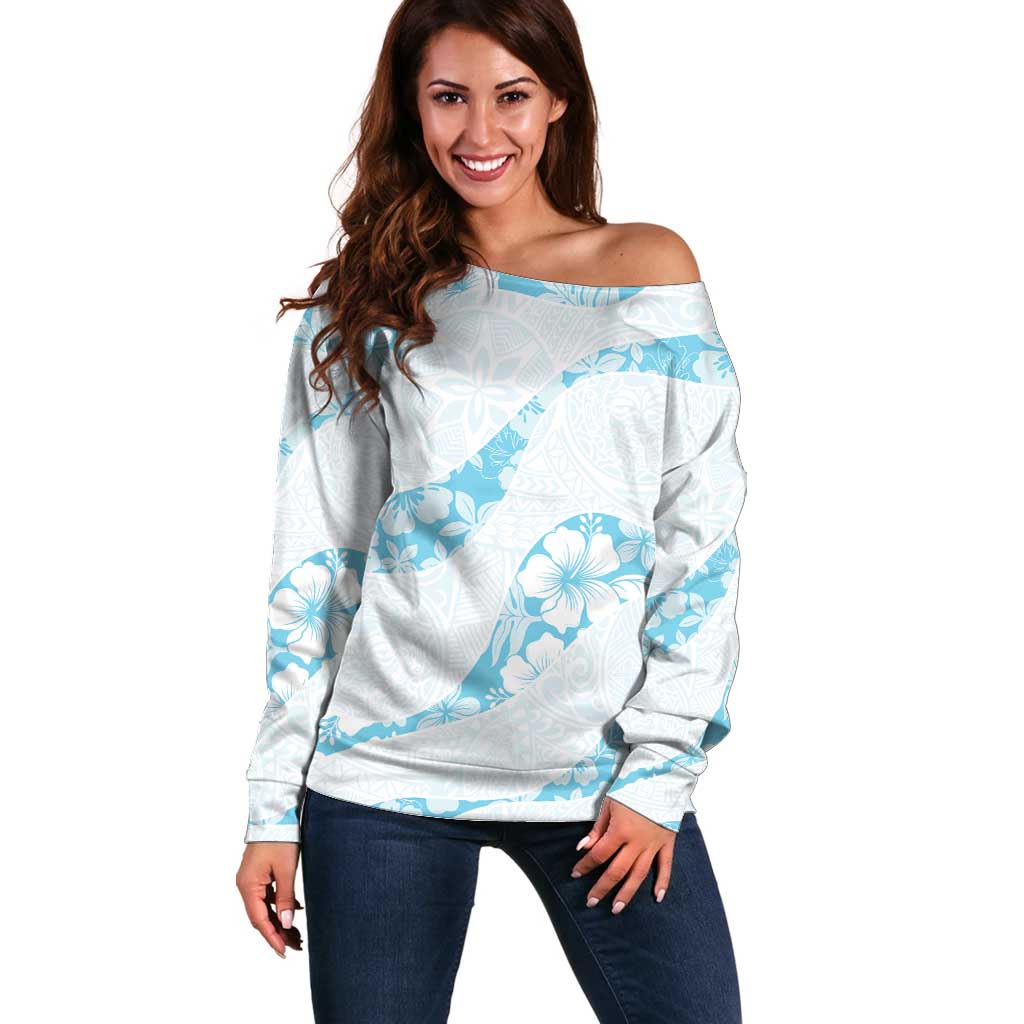 Aloha Hawaii Floral Tapa Off Shoulder Sweater Patchwork Turquoise - Polynesian Pride