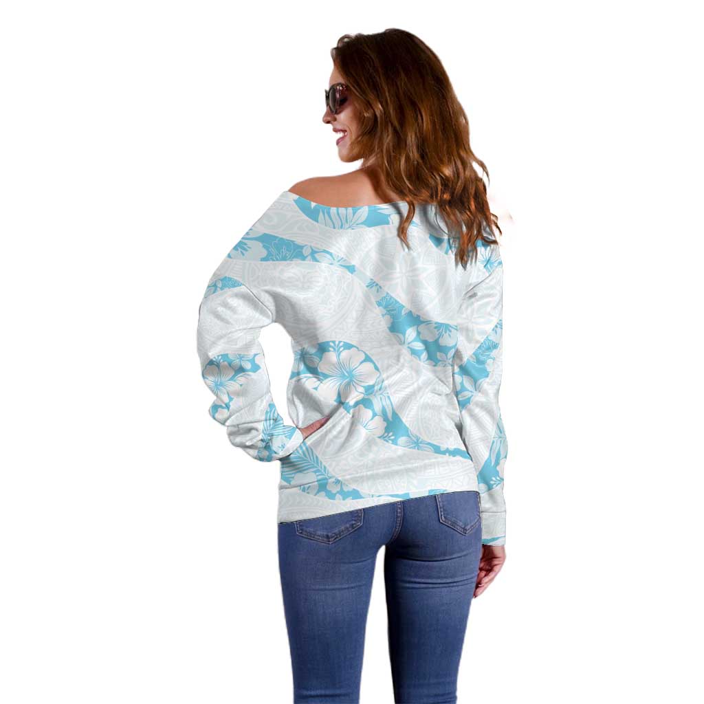 Aloha Hawaii Floral Tapa Off Shoulder Sweater Patchwork Turquoise - Polynesian Pride
