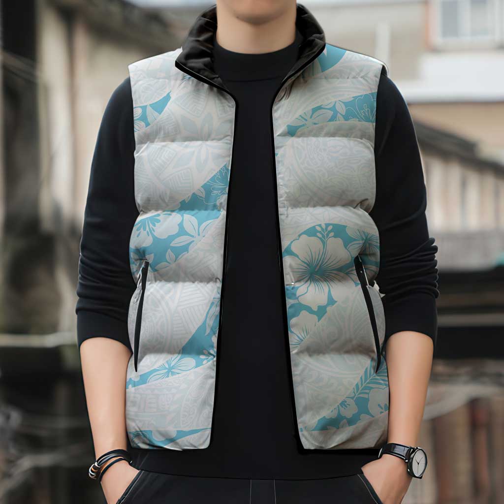 Aloha Hawaii Floral Tapa Sleeveless Puffer Jacket Patchwork Turquoise LT7 - Polynesian Pride