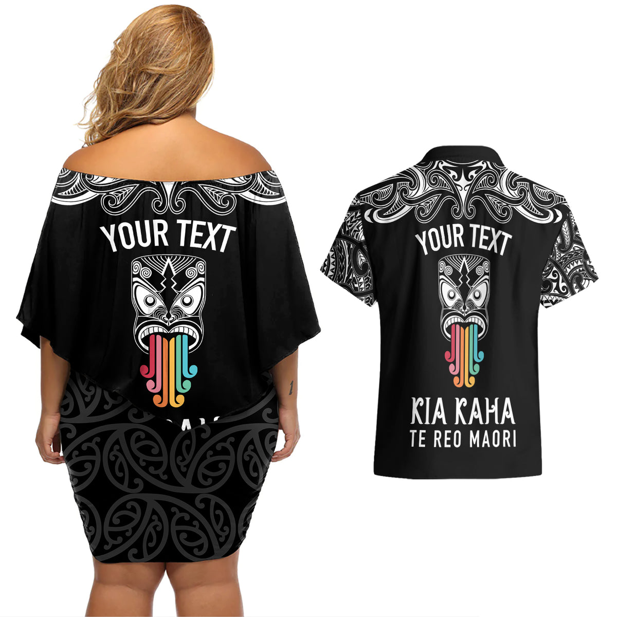 personalised-kia-kaha-te-reo-maori-couples-matching-off-shoulder-short-dress-and-hawaiian-shirt-hei-tiki-mix-koru-black