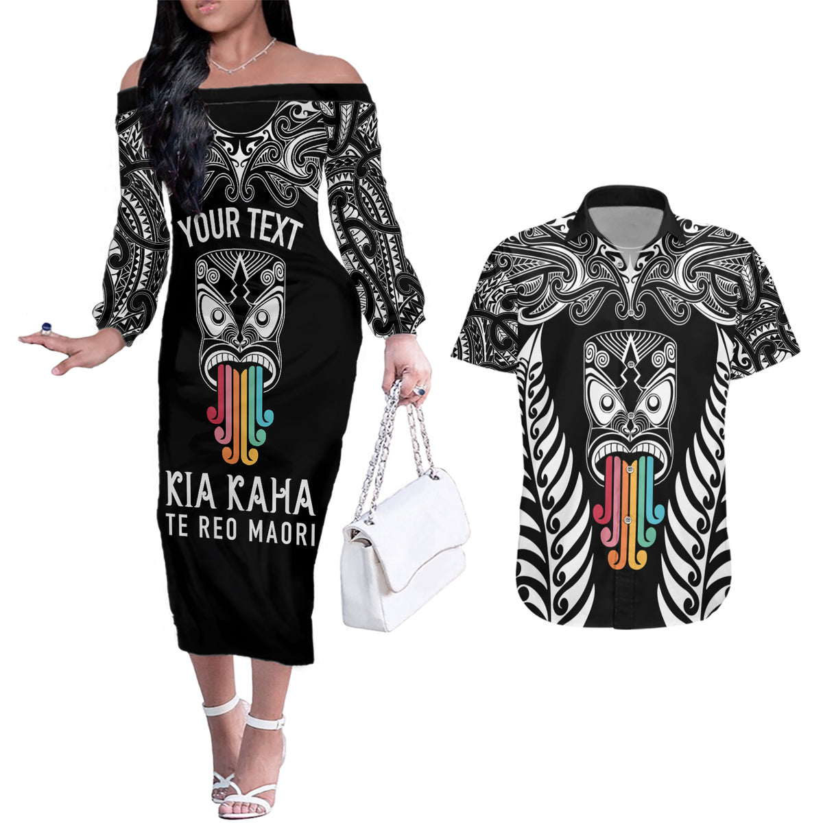 personalised-kia-kaha-te-reo-maori-couples-matching-off-the-shoulder-long-sleeve-dress-and-hawaiian-shirt-hei-tiki-mix-koru-black