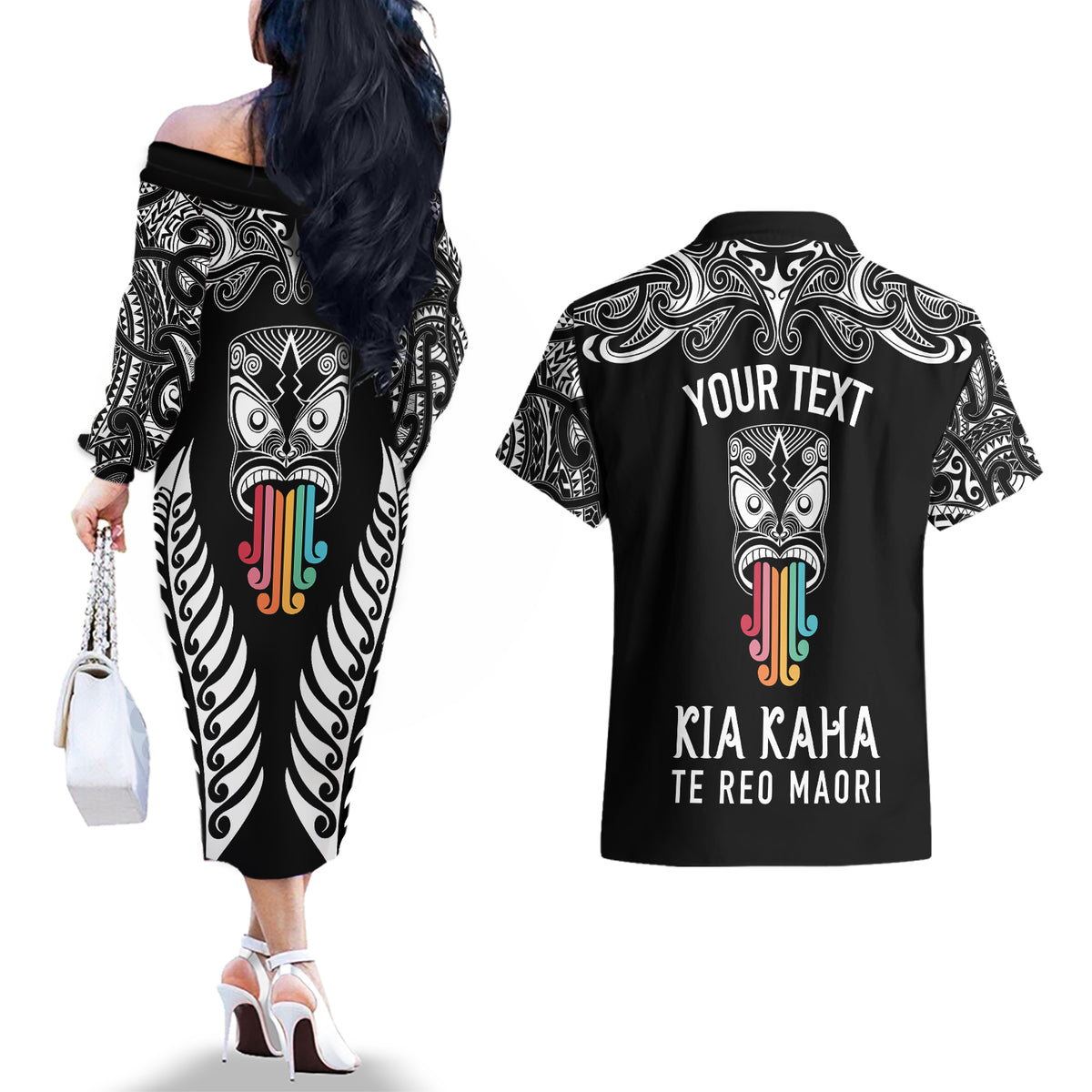 personalised-kia-kaha-te-reo-maori-couples-matching-off-the-shoulder-long-sleeve-dress-and-hawaiian-shirt-hei-tiki-mix-koru-black