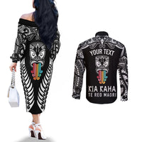 Personalised Kia Kaha Te Reo Maori Couples Matching Off The Shoulder Long Sleeve Dress and Long Sleeve Button Shirts Hei Tiki Mix Koru - Black LT7 - Polynesian Pride