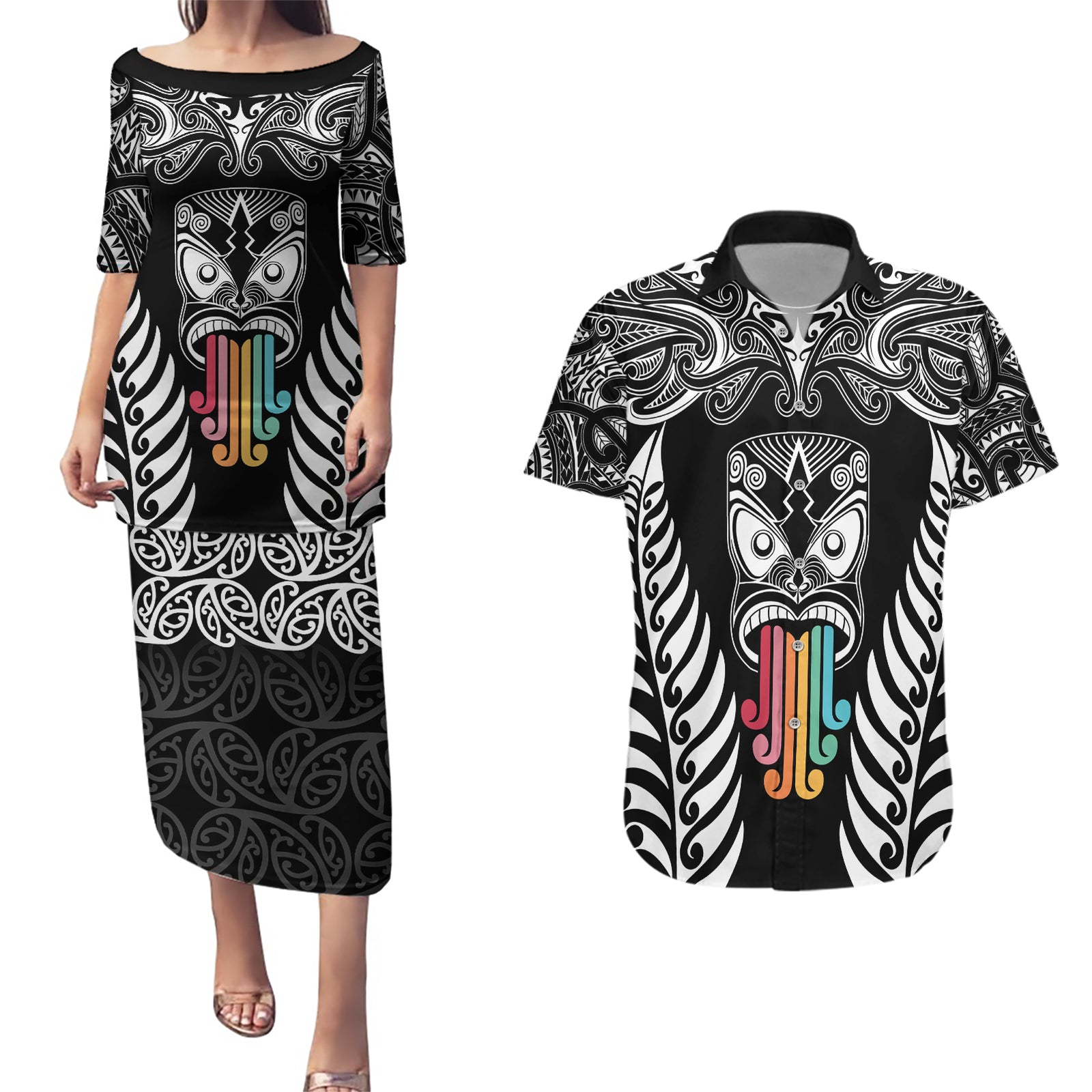 personalised-kia-kaha-te-reo-maori-couples-matching-puletasi-dress-and-hawaiian-shirt-hei-tiki-mix-koru-black
