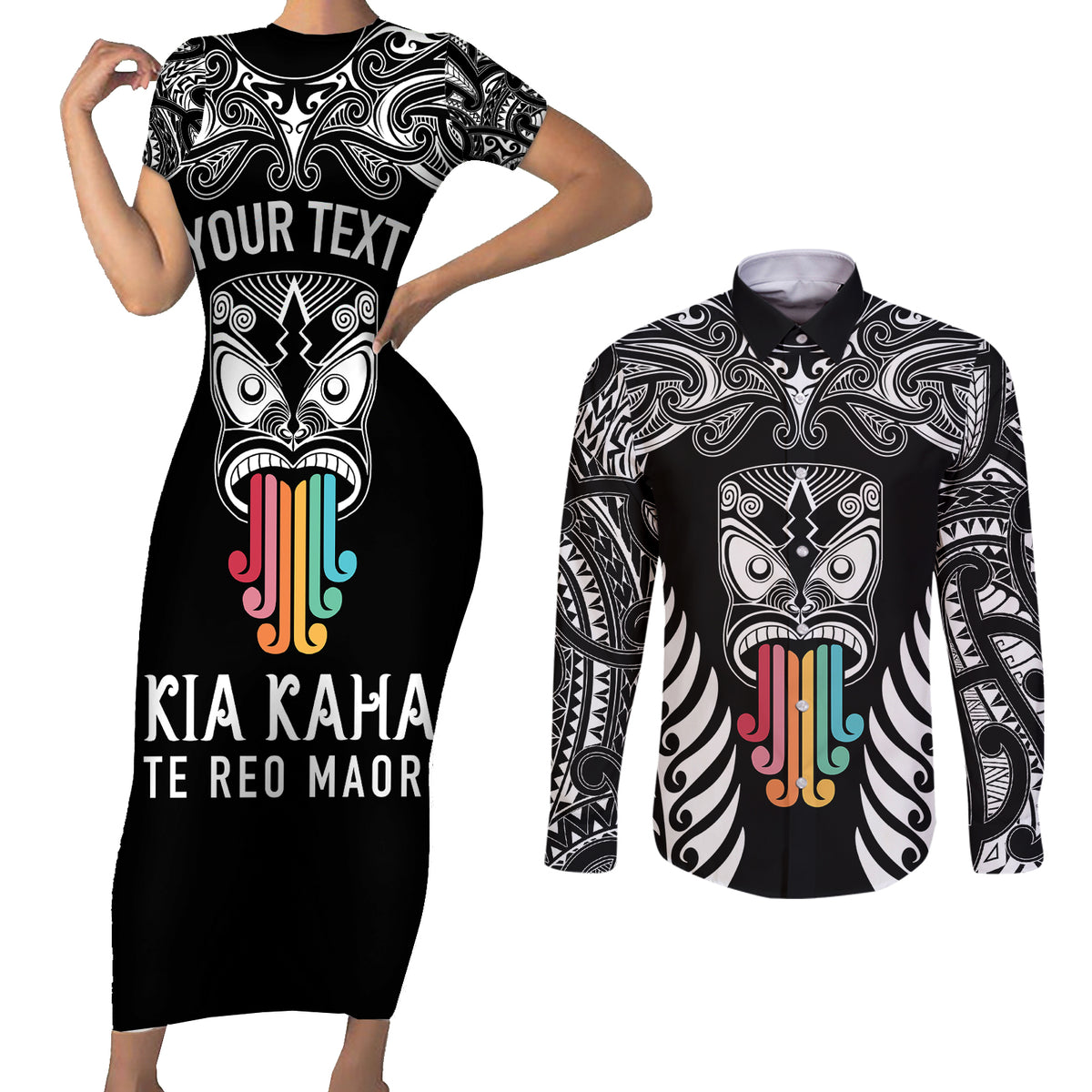 Personalised Kia Kaha Te Reo Maori Couples Matching Short Sleeve Bodycon Dress and Long Sleeve Button Shirts Hei Tiki Mix Koru - Black LT7 Black - Polynesian Pride