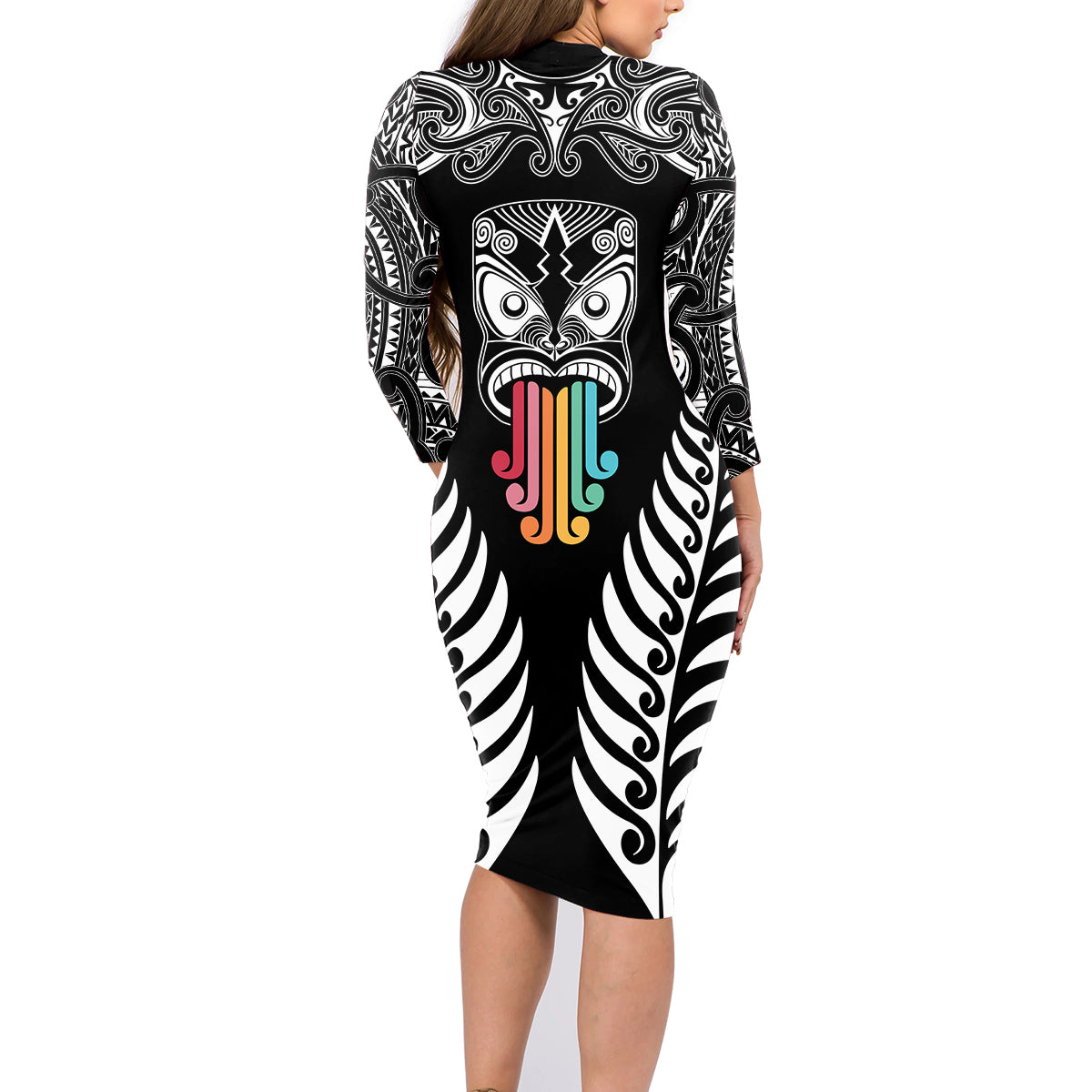 personalised-kia-kaha-te-reo-maori-family-matching-long-sleeve-bodycon-dress-and-hawaiian-shirt-hei-tiki-mix-koru-black