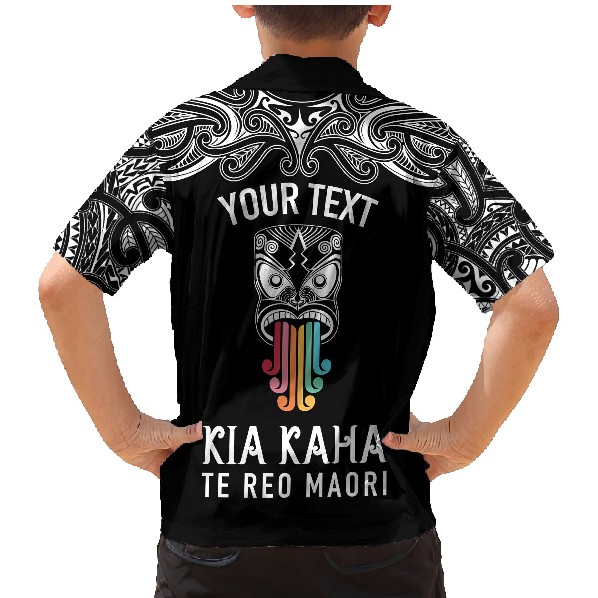 personalised-kia-kaha-te-reo-maori-family-matching-mermaid-dress-and-hawaiian-shirt-hei-tiki-mix-koru-black