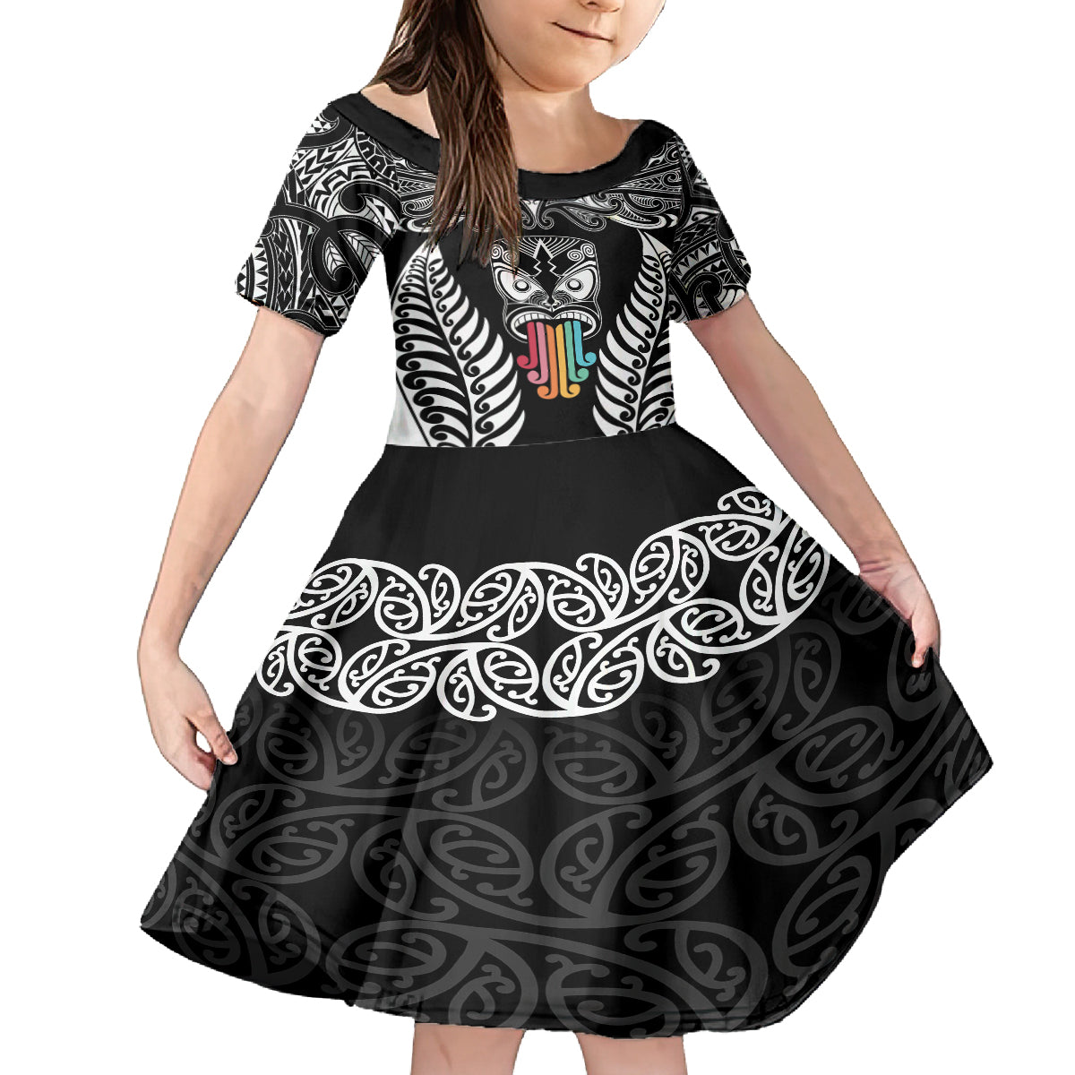 personalised-kia-kaha-te-reo-maori-family-matching-off-shoulder-maxi-dress-and-hawaiian-shirt-hei-tiki-mix-koru-black
