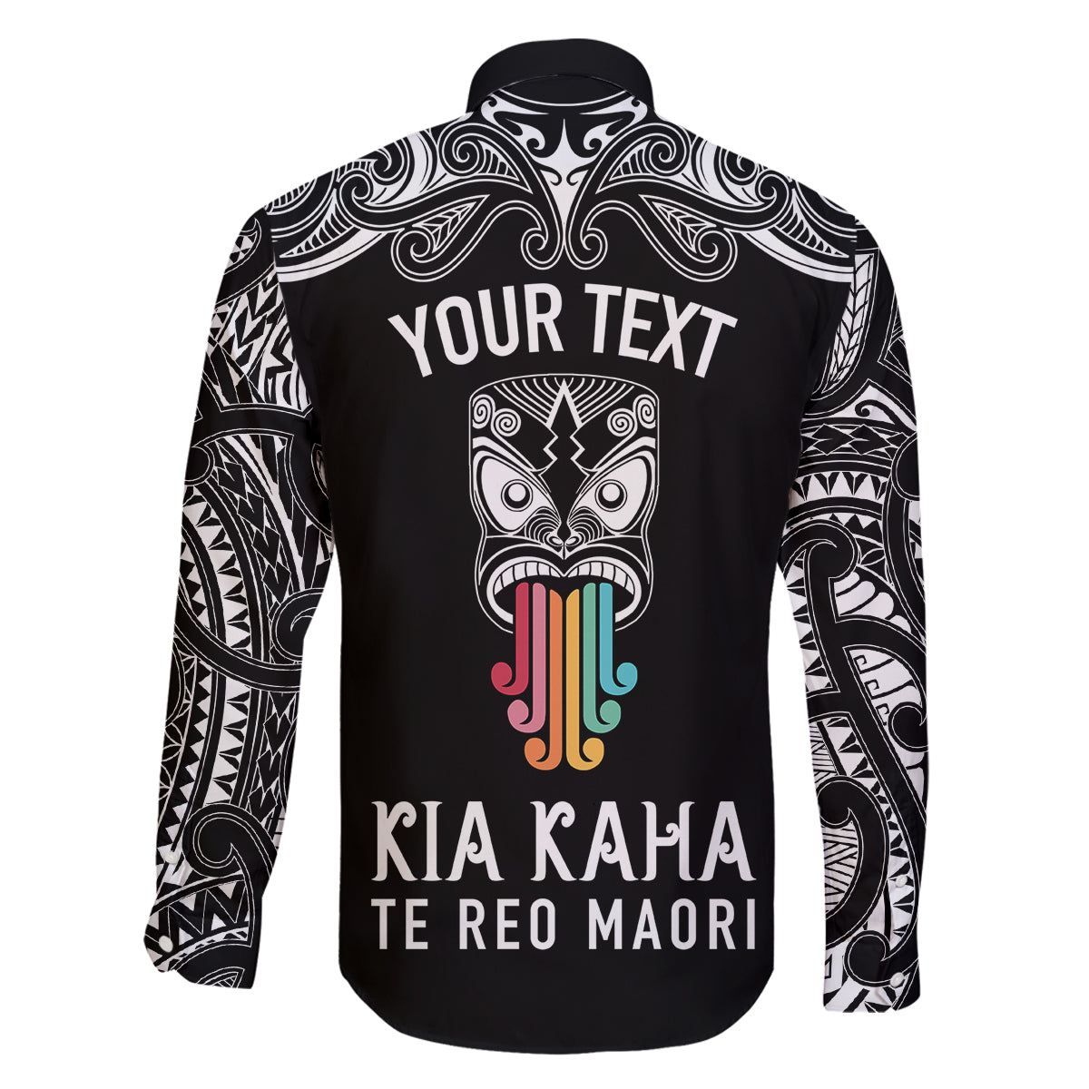 personalised-kia-kaha-te-reo-maori-family-matching-off-shoulder-maxi-dress-and-hawaiian-shirt-hei-tiki-mix-koru-black