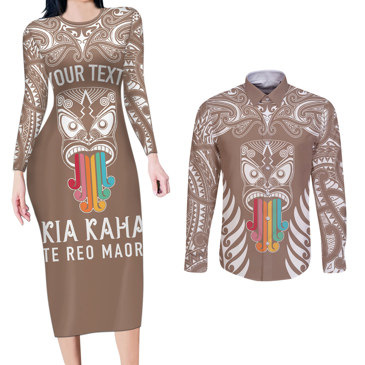 Personalised Kia Kaha Te Reo Maori Couples Matching Long Sleeve Bodycon Dress and Long Sleeve Button Shirts Hei Tiki Mix Koru - Brown LT7 Brown - Polynesian Pride