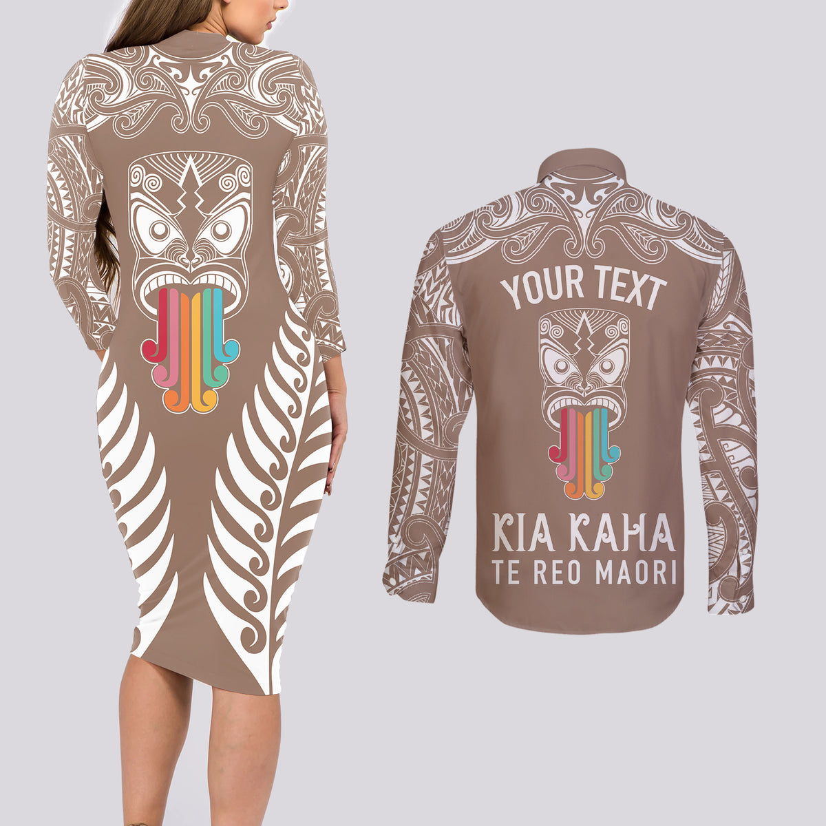 Personalised Kia Kaha Te Reo Maori Couples Matching Long Sleeve Bodycon Dress and Long Sleeve Button Shirts Hei Tiki Mix Koru - Brown LT7 - Polynesian Pride