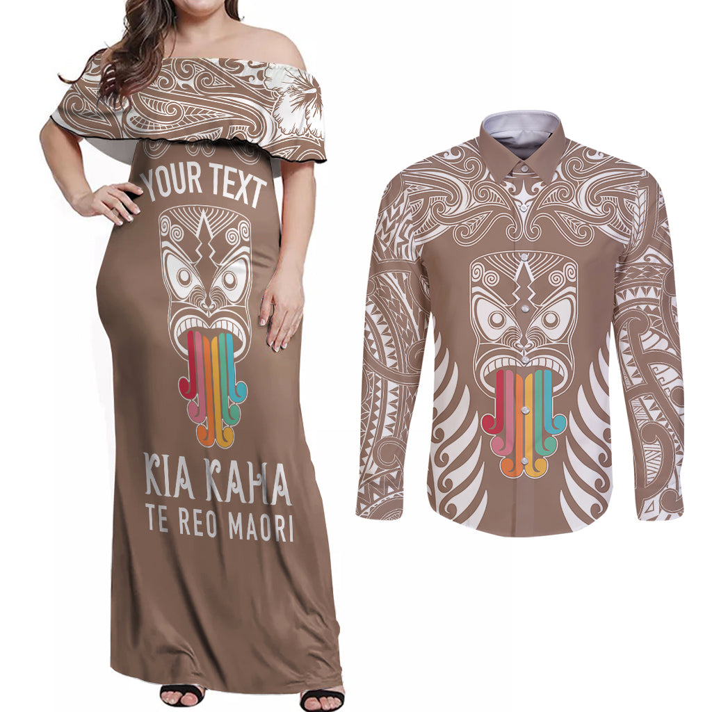 personalised-kia-kaha-te-reo-maori-couples-matching-off-shoulder-maxi-dress-and-long-sleeve-button-shirts-hei-tiki-mix-koru-brown