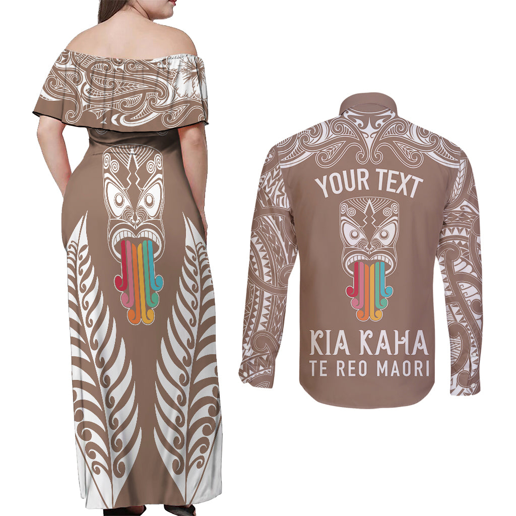 personalised-kia-kaha-te-reo-maori-couples-matching-off-shoulder-maxi-dress-and-long-sleeve-button-shirts-hei-tiki-mix-koru-brown