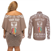 personalised-kia-kaha-te-reo-maori-couples-matching-off-shoulder-short-dress-and-long-sleeve-button-shirts-hei-tiki-mix-koru-brown