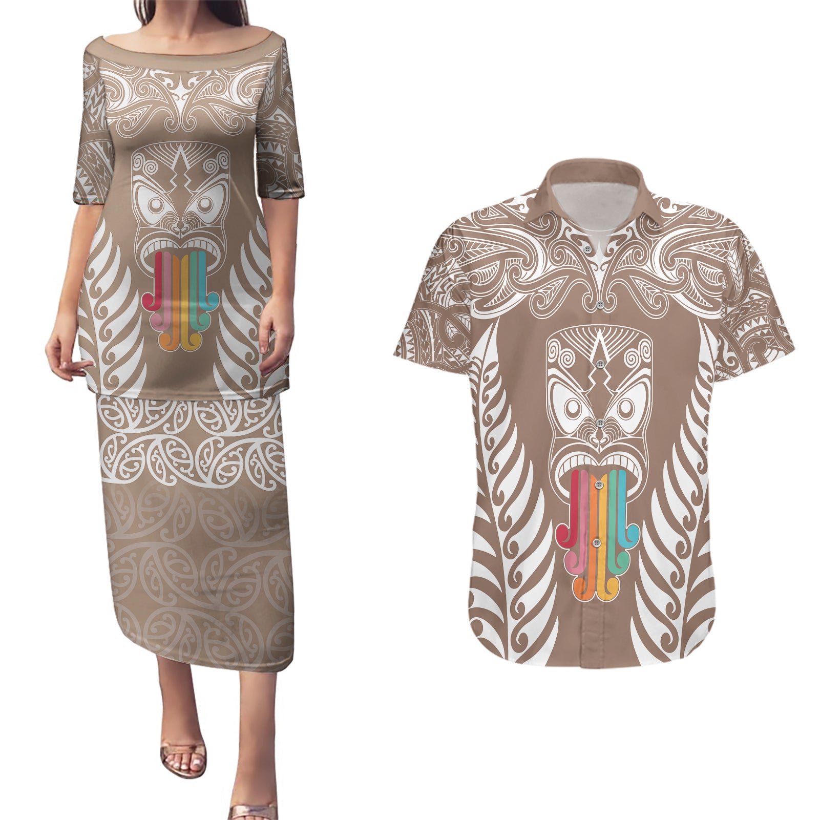 personalised-kia-kaha-te-reo-maori-couples-matching-puletasi-dress-and-hawaiian-shirt-hei-tiki-mix-koru-brown
