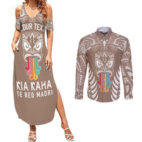 personalised-kia-kaha-te-reo-maori-couples-matching-summer-maxi-dress-and-long-sleeve-button-shirts-hei-tiki-mix-koru-brown