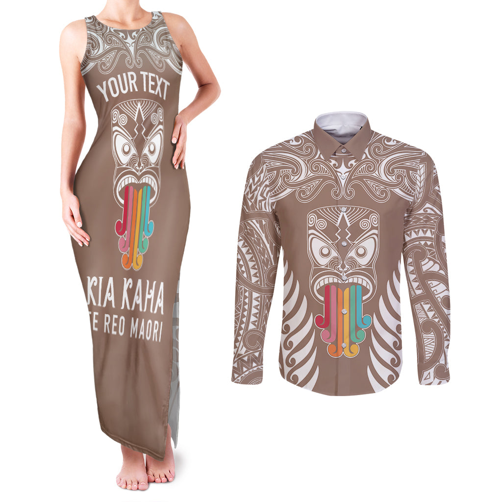 personalised-kia-kaha-te-reo-maori-couples-matching-tank-maxi-dress-and-long-sleeve-button-shirts-hei-tiki-mix-koru-brown
