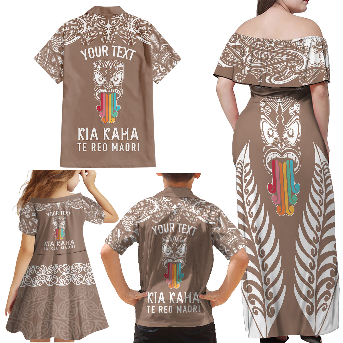 personalised-kia-kaha-te-reo-maori-family-matching-off-shoulder-maxi-dress-and-hawaiian-shirt-hei-tiki-mix-koru-brown