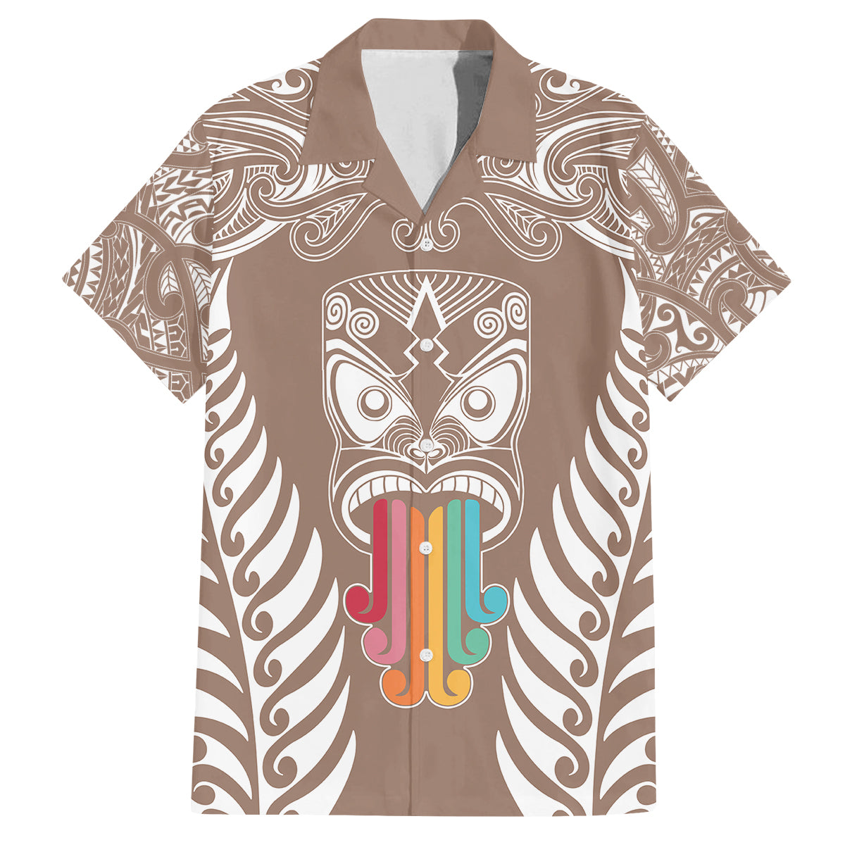 personalised-kia-kaha-te-reo-maori-family-matching-off-shoulder-short-dress-and-hawaiian-shirt-hei-tiki-mix-koru-brown