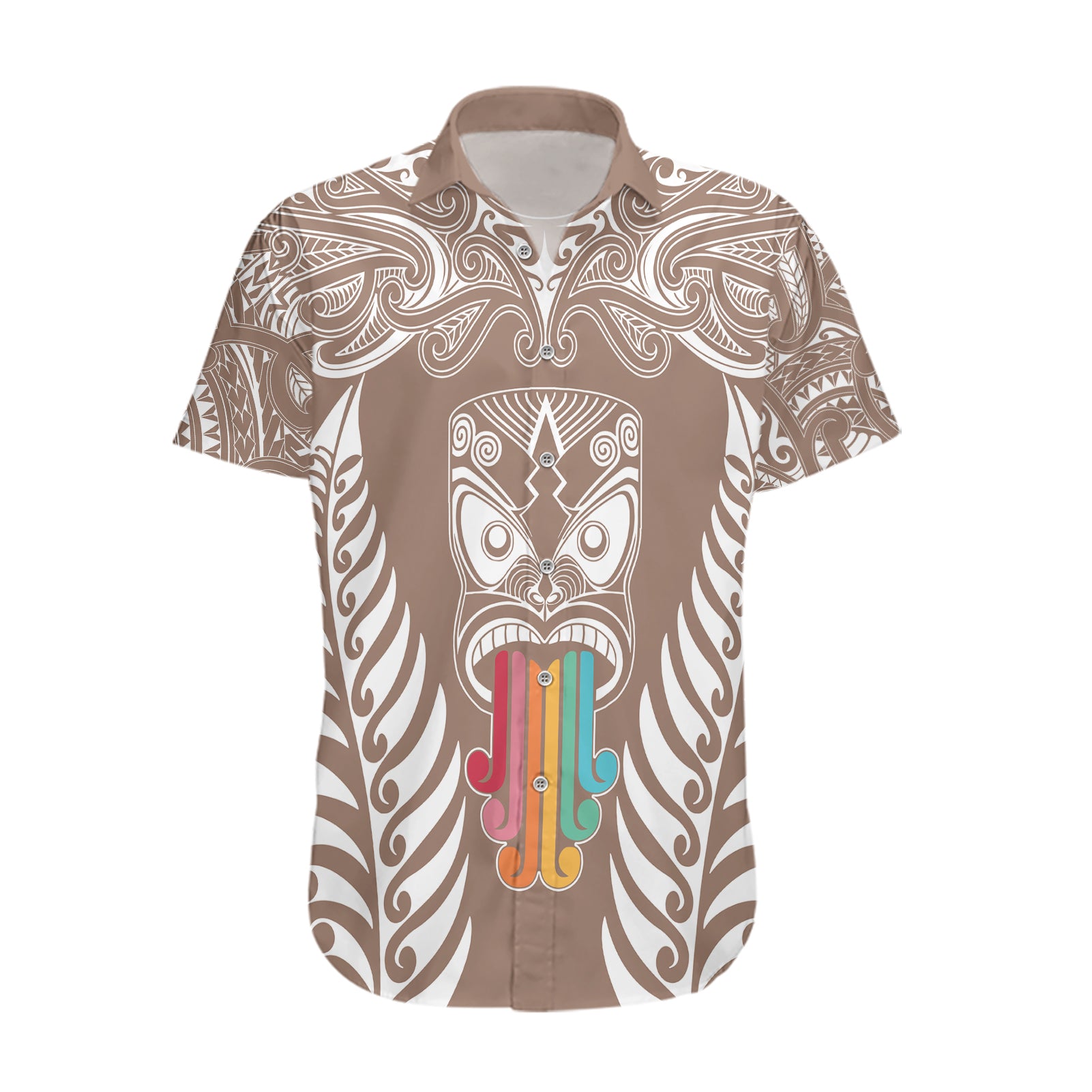 personalised-kia-kaha-te-reo-maori-hawaiian-shirt-hei-tiki-mix-koru-brown