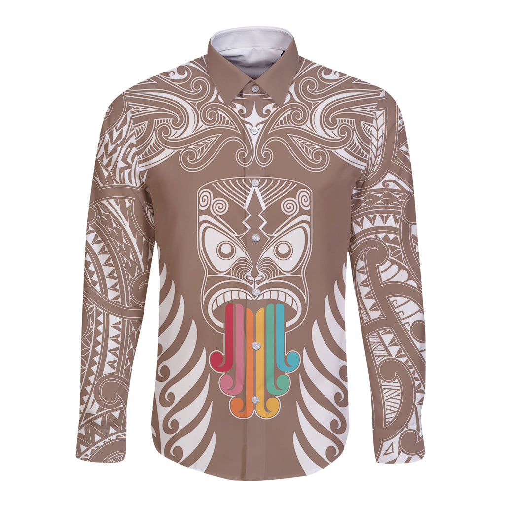 Personalised Kia Kaha Te Reo Maori Long Sleeve Button Shirt Hei Tiki Mix Koru - Brown LT7 Unisex Brown - Polynesian Pride
