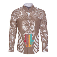 Personalised Kia Kaha Te Reo Maori Long Sleeve Button Shirt Hei Tiki Mix Koru - Brown LT7 Unisex Brown - Polynesian Pride