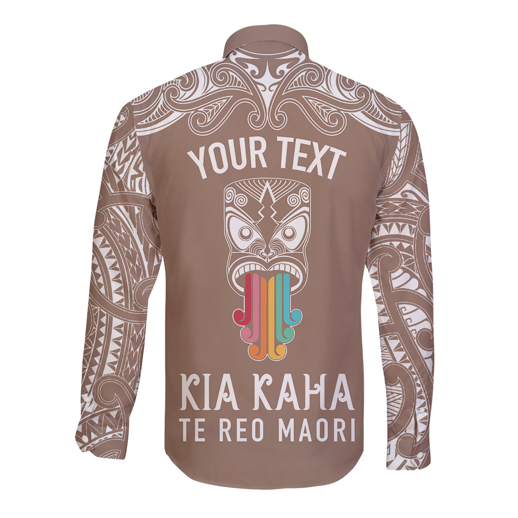 Personalised Kia Kaha Te Reo Maori Long Sleeve Button Shirt Hei Tiki Mix Koru - Brown LT7 - Polynesian Pride