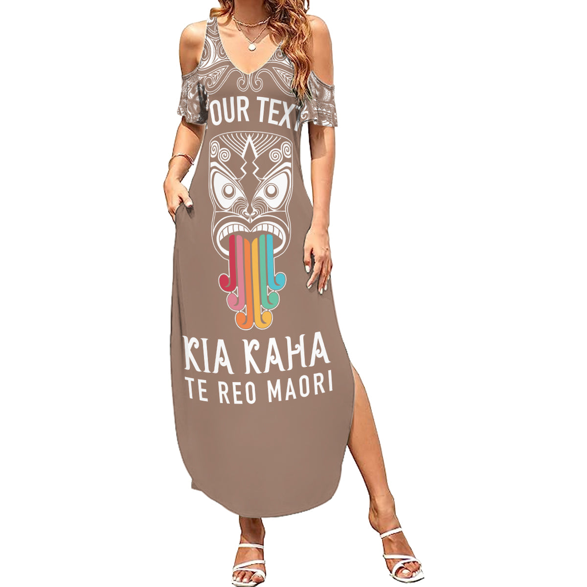 personalised-kia-kaha-te-reo-maori-summer-maxi-dress-hei-tiki-mix-koru-brown