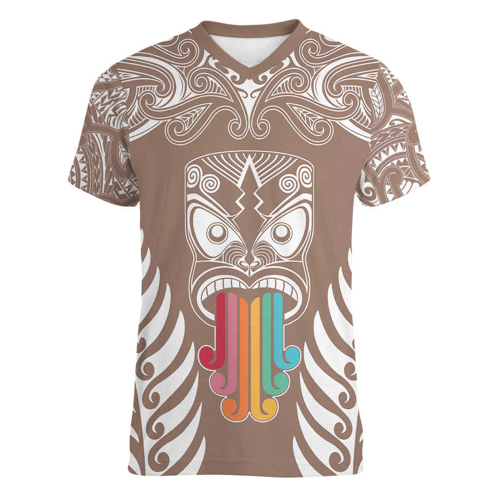 personalised-kia-kaha-te-reo-maori-women-v-neck-t-shirt-hei-tiki-mix-koru-brown