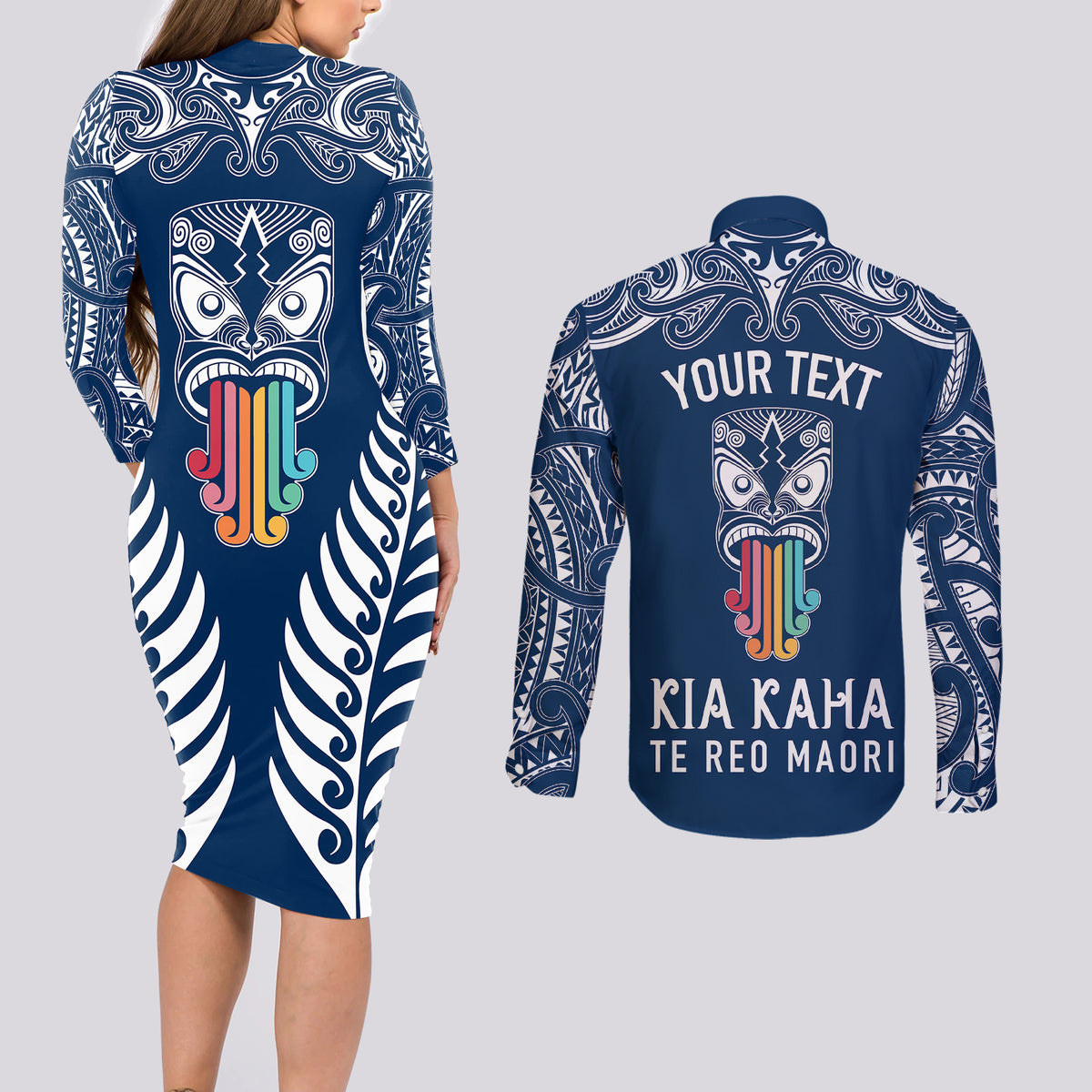 Personalised Kia Kaha Te Reo Maori Couples Matching Long Sleeve Bodycon Dress and Long Sleeve Button Shirts Hei Tiki Mix Koru - Navy Blue LT7 - Polynesian Pride