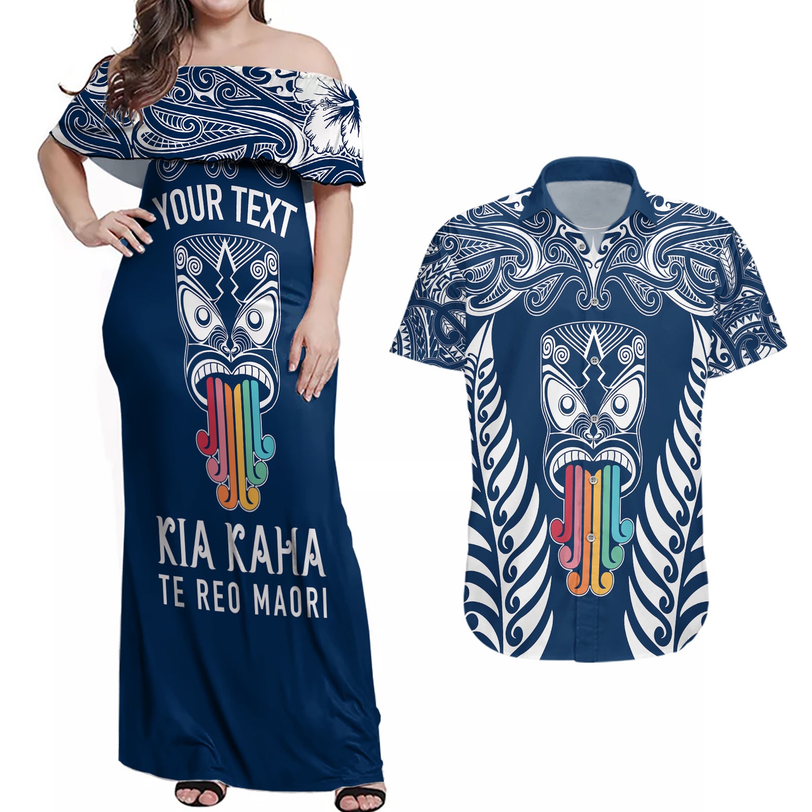 personalised-kia-kaha-te-reo-maori-couples-matching-off-shoulder-maxi-dress-and-hawaiian-shirt-hei-tiki-mix-koru-navy-blue