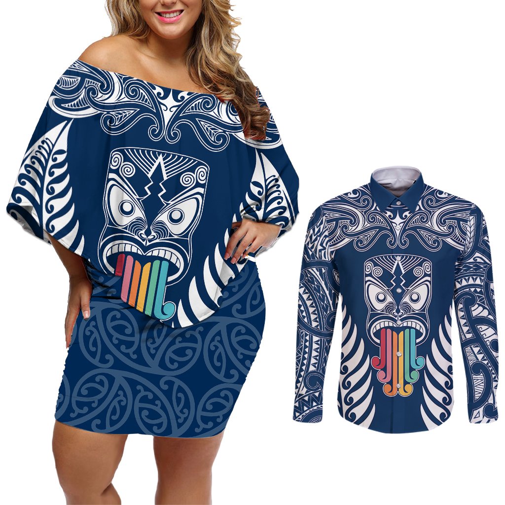 personalised-kia-kaha-te-reo-maori-couples-matching-off-shoulder-short-dress-and-long-sleeve-button-shirts-hei-tiki-mix-koru-navy-blue