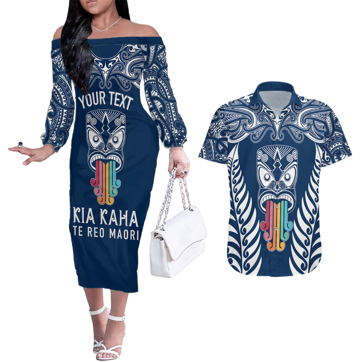 personalised-kia-kaha-te-reo-maori-couples-matching-off-the-shoulder-long-sleeve-dress-and-hawaiian-shirt-hei-tiki-mix-koru-navy-blue