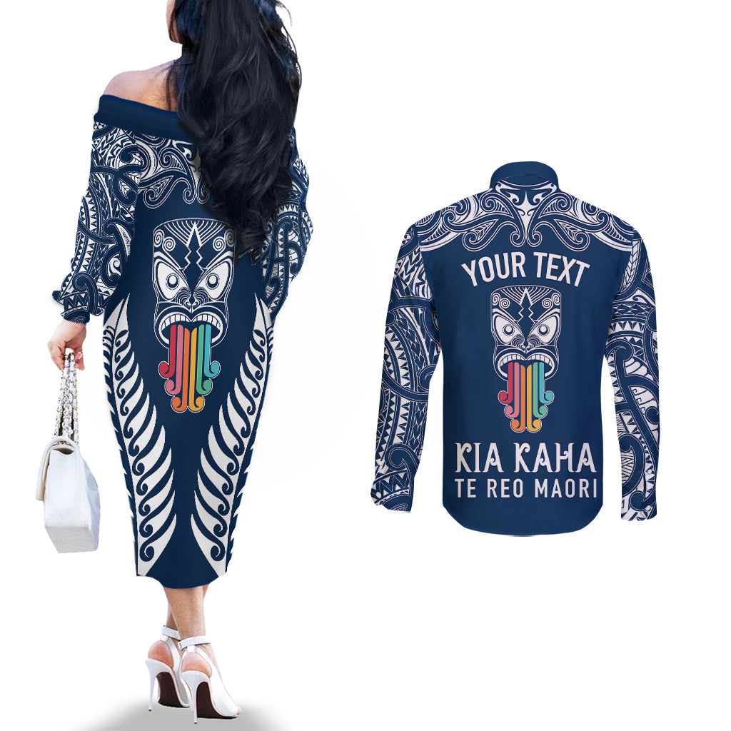 Personalised Kia Kaha Te Reo Maori Couples Matching Off The Shoulder Long Sleeve Dress and Long Sleeve Button Shirts Hei Tiki Mix Koru - Navy Blue LT7 - Polynesian Pride