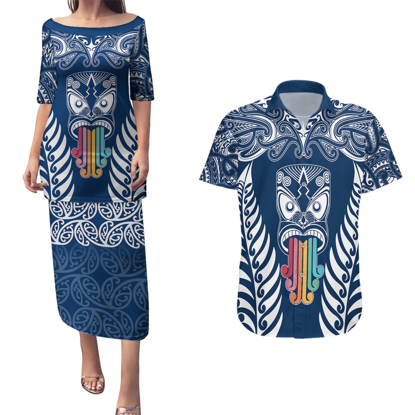 personalised-kia-kaha-te-reo-maori-couples-matching-puletasi-dress-and-hawaiian-shirt-hei-tiki-mix-koru-navy-blue