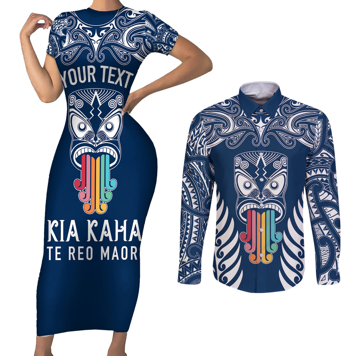Personalised Kia Kaha Te Reo Maori Couples Matching Short Sleeve Bodycon Dress and Long Sleeve Button Shirts Hei Tiki Mix Koru - Navy Blue LT7 Navy - Polynesian Pride