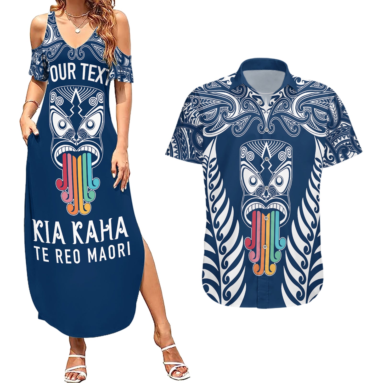 personalised-kia-kaha-te-reo-maori-couples-matching-summer-maxi-dress-and-hawaiian-shirt-hei-tiki-mix-koru-navy-blue