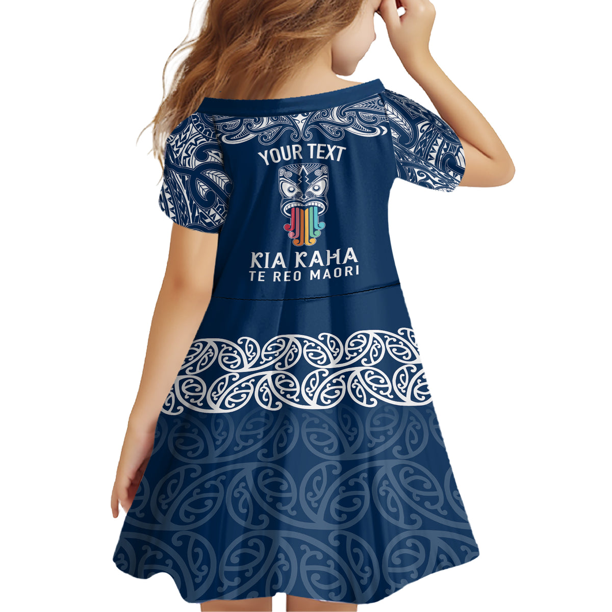 personalised-kia-kaha-te-reo-maori-family-matching-short-sleeve-bodycon-dress-and-hawaiian-shirt-hei-tiki-mix-koru-navy-blue